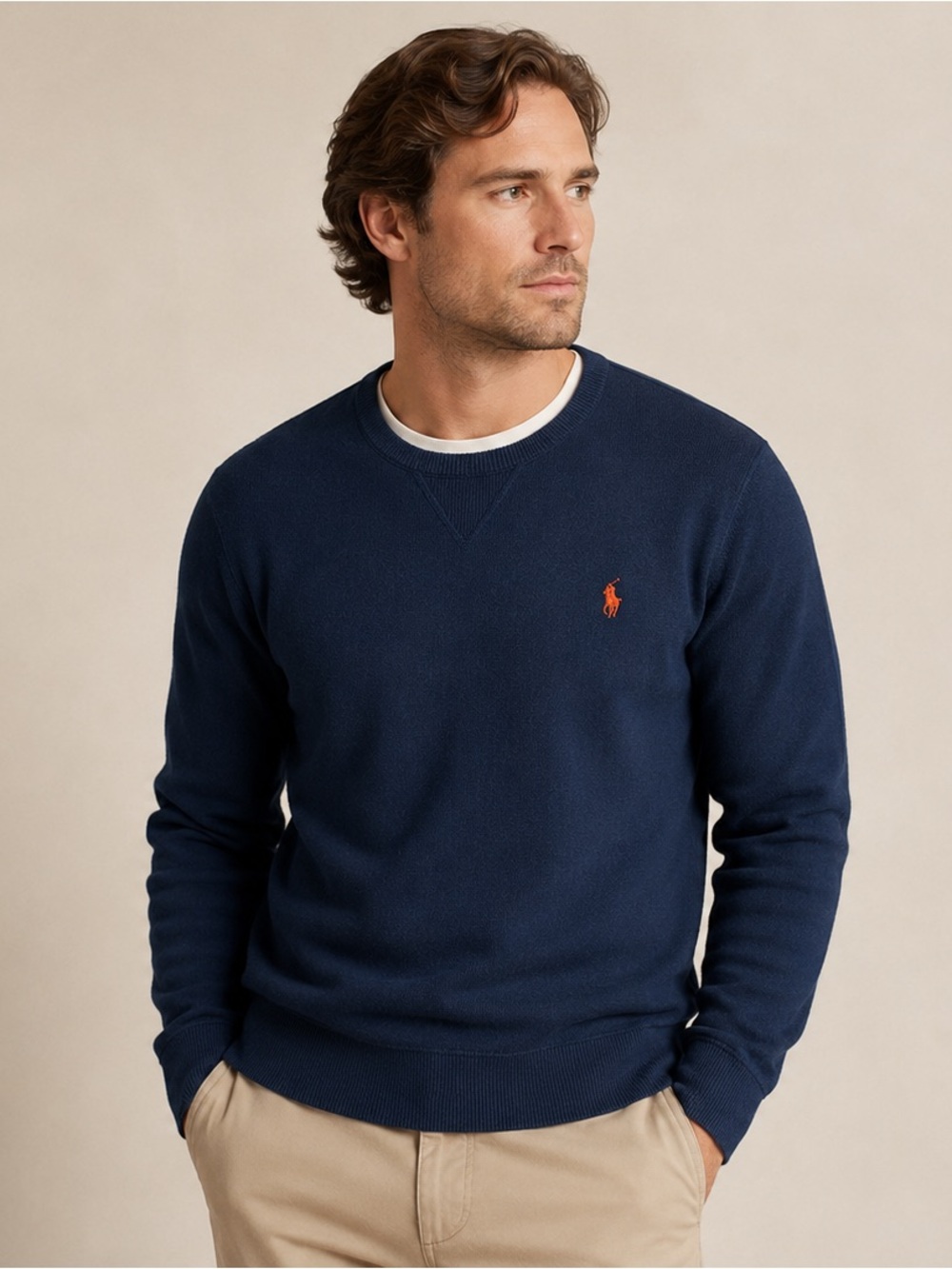 Polo Ralph Lauren Navy Crewneck Sweater Men’s Cotton OrangePony Classic Preppy M